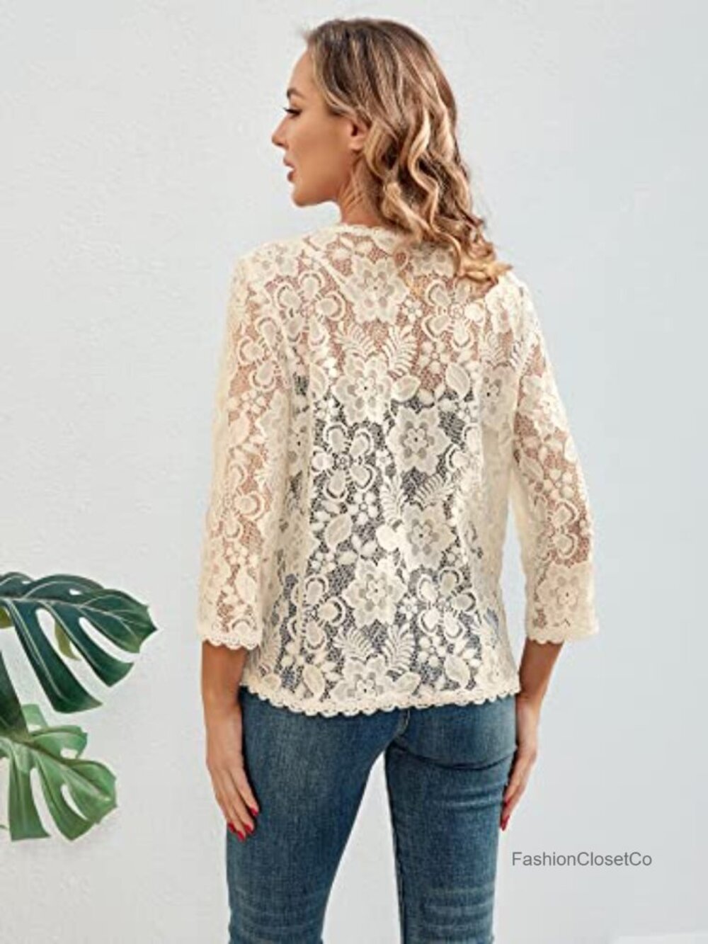 Lace Crochet Bolero Shrug 3/4 Sleeve Open Front Cardigan Formal Wedding - Picture 5 of 6